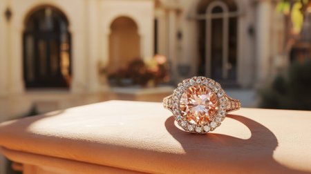 A breathtaking rose gold engagement ring featuring a large center diamond surrounded by smaller accents. Captured in a beautiful outdoor setting, this image highlights elegance and luxury, making it perfect for jewelry promotions or lifestyle content.の素材