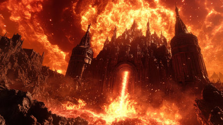 An explosive volcanic eruption originating from a grand mythical castle, engulfed in molten lava. The glowing sky enhances the dramatic ambiance, captivating the viewer.の素材