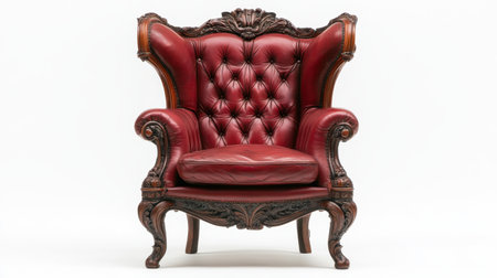 This stunning vintage red leather armchair features intricate carvings and a classic design, ideal for enhancing luxurious interiors and stylish living spaces.の素材