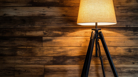 This image showcases a stylish tripod floor lamp that emits a warm glow, beautifully highlighting the rich textures of a rustic wooden wall. Perfect for modern interiors.の素材