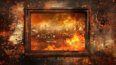 This striking artwork features a fiery urban landscape encapsulated in a rustic frame, illustrating themes of chaos and destruction against a grunge background.の素材