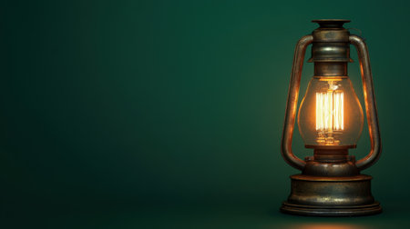 A vintage oil lantern with a warm glow illuminates a dark green background, perfect for adding a rustic touch to decor or photography projects.の素材