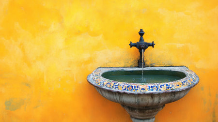 This image showcases a vibrant yellow wall with a beautifully designed wall fountain featuring colorful tiles. It creates an inviting and serene atmosphere, perfect for enhancing any outdoor space.の素材