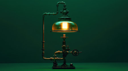 This striking image features a vintage industrial lamp with a brass and glass design, set against a deep green backdrop, creating a warm, inviting glow.の素材