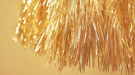 This image features a close-up of shimmering golden tinsel, creating a vibrant and festive atmosphere. Perfect for holiday decorations and celebratory events.の素材