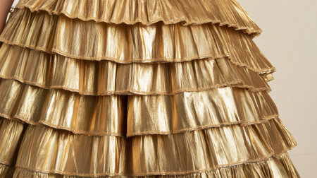 A stunning golden ruffled skirt featuring multiple layers, perfect for adding glamour to any outfit. Ideal for events, parties, or photo shoots.の素材