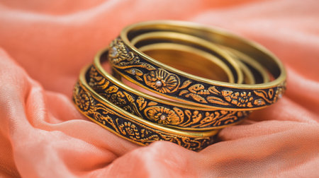 Beautiful gold bangles showcasing intricate floral designs, set against a soft satin fabric background, perfect for fashion lovers and accessory enthusiasts.の素材