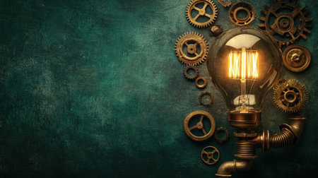 This image features a vintage light bulb surrounded by various gears and mechanical elements against a dark green background, showcasing a blend of creativity and industrial design.の素材