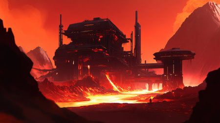 A captivating futuristic landscape featuring a striking building illuminated by glowing lava against a dramatic red sky. Ideal for creative projects.の素材