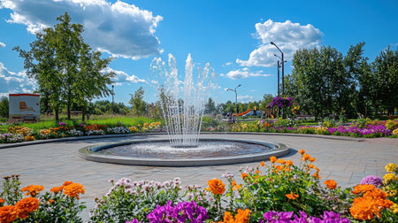 A picturesque scene featuring a vibrant flower garden with a central fountain, surrounded by colorful blooms, under a bright blue sky with fluffy clouds.の素材