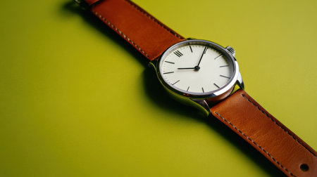 A classic analog watch featuring a brown leather strap and a minimalist face, set against a vibrant green background. Perfect for elegant styles.の素材