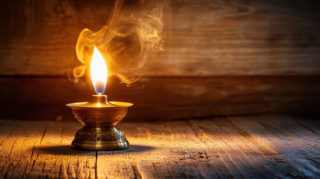 A beautifully lit oil lamp emits a warm glow with a flickering flame and delicate smoke, creating a serene atmosphere against a rustic wooden backdrop.の素材