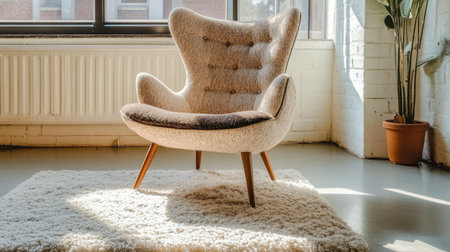 A cozy armchair with a soft fabric seat sits elegantly in a bright indoor space, beautifully illuminated by natural light. The minimalist decor enhances the inviting atmosphere.の素材