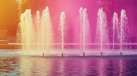 A stunning fountain display in a park, featuring colorful water sprays illuminated by sunset colors. The scene exudes tranquility and beauty, perfect for relaxation.の素材