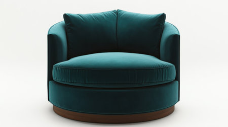Discover a beautiful round velvet chair in bold turquoise, featuring soft cushions. Perfect for enhancing modern interiors and adding a touch of elegance.の素材