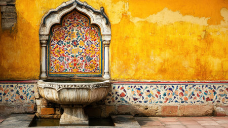 This captivating image showcases an ornate marble fountain set against a vivid yellow wall adorned with intricate floral tile designs, exemplifying traditional architectural beauty.の素材