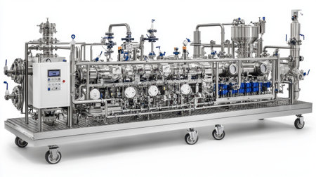 This image showcases advanced industrial processing equipment featuring stainless steel construction, designed for chemical and pharmaceutical industries, ensuring efficiency and safety.の素材