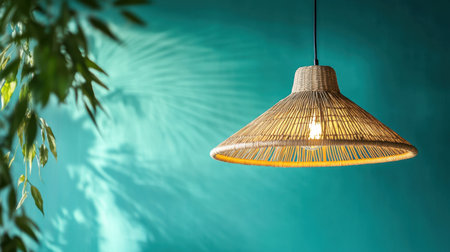 This image features a stunning rattan pendant light that exudes elegance. It casts a warm glow in a stylish room with a vibrant teal wall and lush green plant, creating a serene atmosphere.の素材