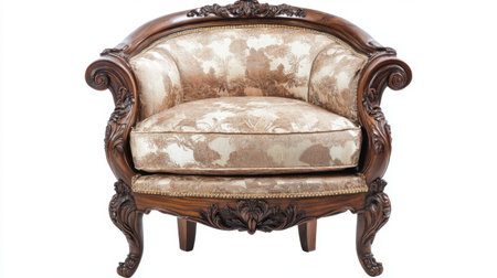 This elegant vintage armchair features intricate wood carvings and luxurious upholstery, ideal for enhancing any living space with timeless charm and comfort.の素材