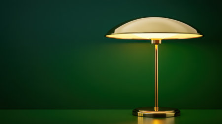 This image features a sophisticated modern lamp with a dome-shaped shade, casting a warm glow against a dark green backdrop, perfect for minimalist decor.の素材