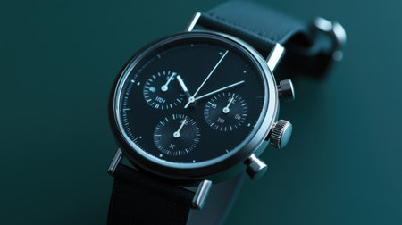 This image features a sleek black chronograph watch with intricate subdials, set against a dark teal background, perfect for conveying modern elegance.の素材