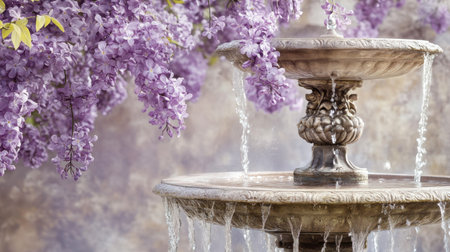 A stunning stone fountain draped in vibrant purple flowers creates a serene atmosphere, perfect for relaxation and reflection in a lush garden.の素材