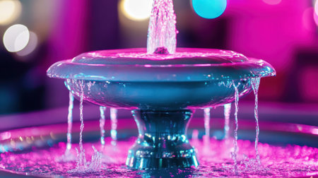 A stunning water fountain illuminated with vibrant colors, featuring a beautiful spray and gentle flow. This image captures modern decor and serene ambiance.の素材