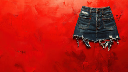 A stylish denim skirt positioned against a vivid red background, showcasing distressed details and a frayed hem, ideal for fashion and apparel visuals.の素材