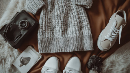 Discover a stylish flat lay featuring a cozy knit sweater, white sneakers, a vintage camera, and soft textures, perfect for fashion inspiration and lifestyle.の素材
