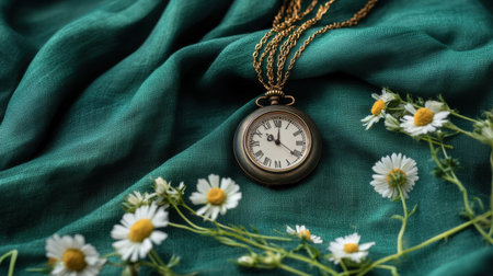 A stunning composition featuring a vintage pocket watch on lush green fabric surrounded by fresh white daisies. The soft natural light enhances the charm, creating a tranquil and nostalgic atmosphere. Perfect for themes of time, elegance, and nature.の素材