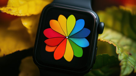 A close-up view of a colorful flower design on a smartwatch screen surrounded by natural autumn elements, showcasing a blend of technology and nature's beauty.の素材