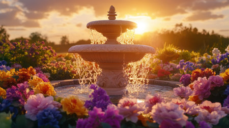 A beautiful fountain stands amidst a vibrant array of flowers, capturing the enchanting moment of sunset. The serene atmosphere envelops the scene, highlighting nature's splendor.の素材