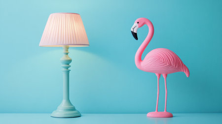 Brighten your space with this whimsical lamp and flamingo combination. The playful colors against a blue background create a joyful and vibrant atmosphere.の素材