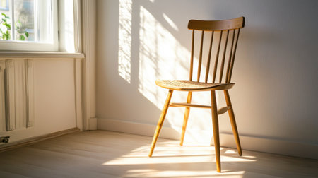 A beautifully crafted wooden chair stands in a sunlit room, casting soft shadows on the floor while bright light filters through the window, creating a serene atmosphere.の素材