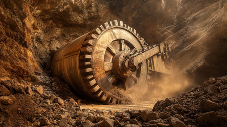 A large excavator operates inside a dimly lit mine tunnel, surrounded by dust and debris, showcasing the power and scale of mining machinery in action.の素材