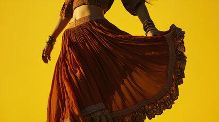 The image showcases a dancer in a flowing skirt, striking a graceful pose against a bright yellow background, embodying movement and joy.の素材