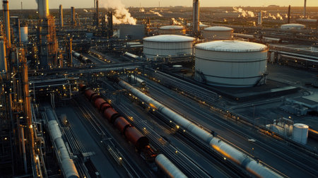 A stunning aerial view of a large industrial oil production facility at dusk, showcasing storage tanks, refineries, and rail cars. The scene highlights the complex infrastructure and machinery involved in energy production, set against a vibrant evening sky.の素材