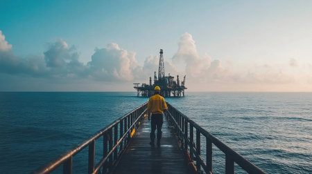 A worker in a yellow helmet walks along a wooden pier towards an offshore oil rig, with serene waters and a vibrant sky at sunrise, showcasing industry.の素材