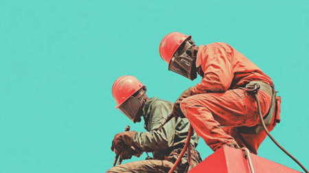 Two focused construction workers equipped with safety gear and helmets are engaged in essential operations on an industrial site against a vivid background.の素材