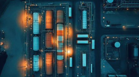 This aerial image captures an industrial complex at night, showcasing illuminated storage tanks and trucks amidst a bustling urban backdrop.の素材