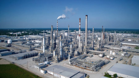 This image showcases a vast industrial complex characterized by smoke stacks and numerous machinery under a clear blue sky, emphasizing the scale of manufacturing activities.の素材