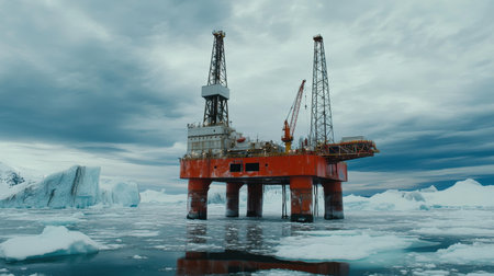 An offshore oil drilling rig stands tall in the icy Arctic waters, surrounded by floating icebergs and under a dramatic cloudy sky, representing industrial exploration in remote environments.の素材