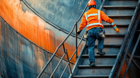 A diligent worker in an orange reflective vest climbs the stairs of an industrial facility, showcasing a focus on safety and professionalism in the workplace.の素材