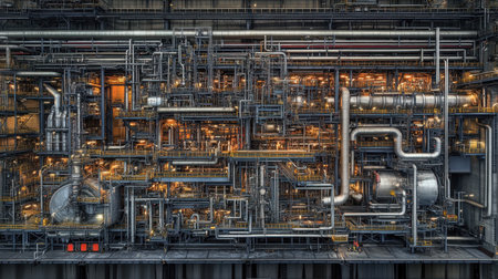Explore the intricate network of pipes and machinery in a bustling industrial facility at night, showcasing detailed engineering and illuminated systems.の素材