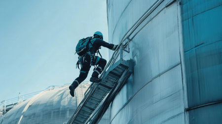 A worker ascends a metal ladder on an industrial tank, showcasing the commitment to safety and teamwork in a construction environment under a clear blue sky.の素材