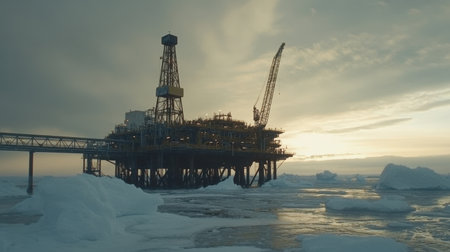 This image showcases an offshore oil drilling rig set in icy waters, illuminated by a dramatic sunset. The scene captures the intersection of nature and industry.の素材