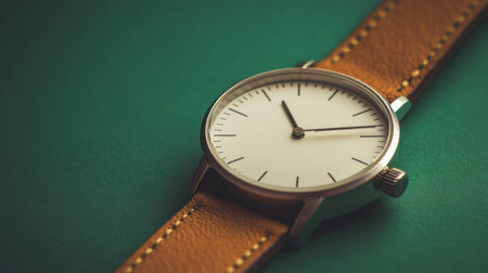 This image features a sleek silver watch with a brown leather strap set against a green background. The minimalist design evokes timeless elegance and style.の素材