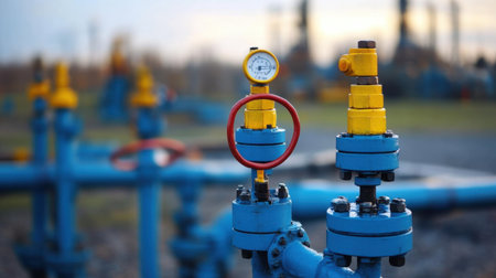 Close-up view of an industrial pressure gauge and valve setup in an oil and gas facility, showcasing essential monitoring equipment and infrastructure.の素材