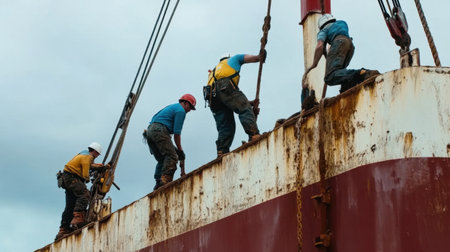 A group of workers skillfully managing equipment on a cargo ship against an overcast sky, showcasing teamwork in a maritime environment.の素材