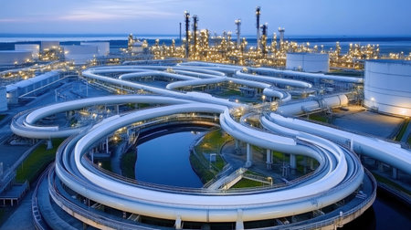 This image showcases a complex industrial pipeline system at dusk, highlighting the intricate network of tubes and the reflecting water of a modern petrochemical facility.の素材